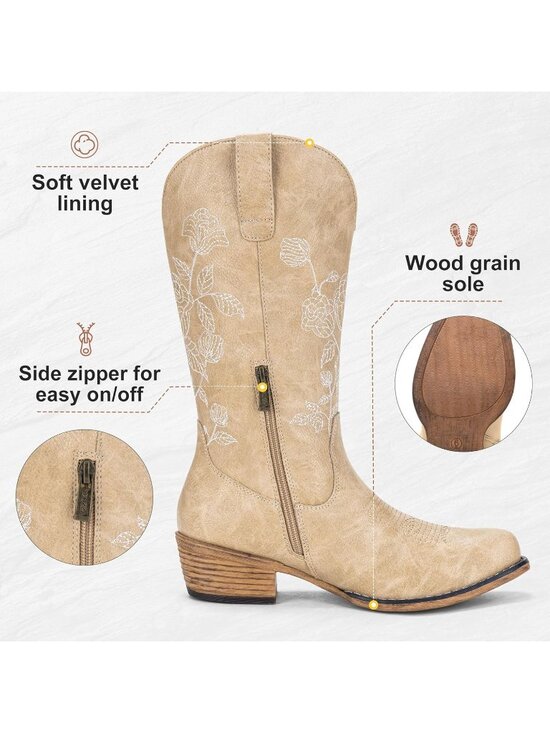 Women\'s Tan Western Cowboy Boots Mid Calf Embroidery Flower with Low Heel
